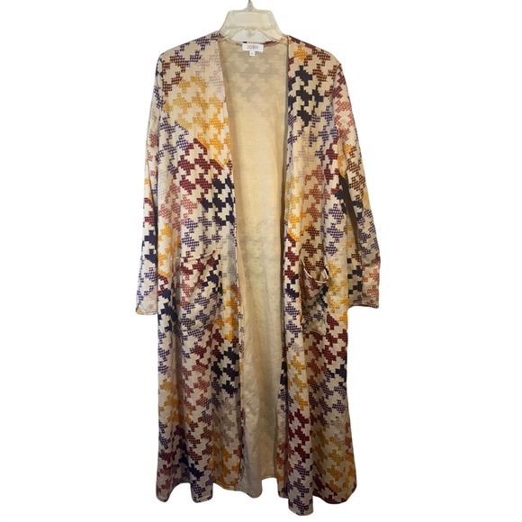 LuLaRoe Sweaters - NWOT LuLaRoe Carly Long Cardigan Duster Geometric Print Tan Multicolor Spring